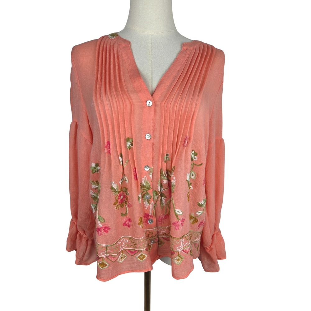 Hope Springs Embroidered Pintuck Blouse Small Coral Pink‎ Boho Bell Sleeve Fairy